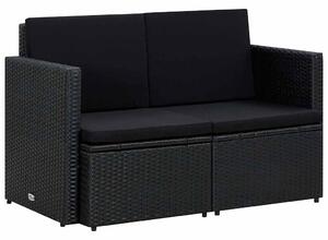 Fekete kétszemélyes polyrattan kerti kanapé párnákkal