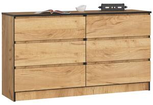 Akord - CLP Komód K140 6 Fiókos, Álló Tároló, 138 x 77 x 40 cm, Craft Tölgy, Laminált Lemez, ABS élzárással, Matt Felület, Összeszerelhető Bútorok