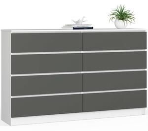 Akord Modern Fehér-Grafit Komód 8-Fiókos, 160 cm Szélességű, Matt Szürke Előlappal, Laminált Lemezből, ABS Élzárással, Blokkolható Fiókokkal, Összeszerelést Igénylő Bútor