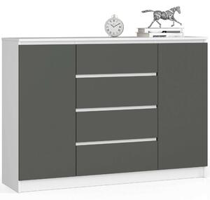 Akord Komód K140 CLP, 2 ajtós, 4 fiókos, 138 cm, fehér/szürke, modern design, ABS élzárás, laminált lap, matt szürke front, 4 polc, önálló összeszerelés, magas stabilitás