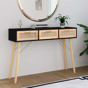 Fekete tömör fenyő és természetes rattan kisasztal 105x30x75 cm
