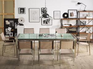 Nyolcszemélyes étkezőasztal repedezett üveglappal és bézs textilén székekkel GROSSETO