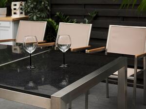 Nyolcszemélyes fekete osztott asztallapú étkezőasztal bézs textilén székekkel GROSSETO