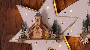 Tracon CHRBSTWW13WW LED karácsonyi csillag tájképpel, fehér, fa, elemes Timer 6+18h,13LED, meleg fehér ( 3000K ) színhőmérséklettel, 2xAA ( CHRBSTWW13WW )
