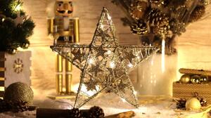 Tracon CHRSTGS14GWW LED karácsonyi csillag, arany,fém, elemes Timer 6+18h, 14LED, meleg fehér ( 3000K ) színhőmérséklettel, 2xAA