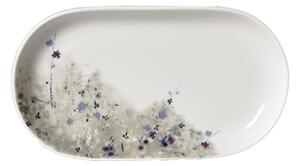 Rusztikus kék virágmintás ovális kerámia tálaló tányér