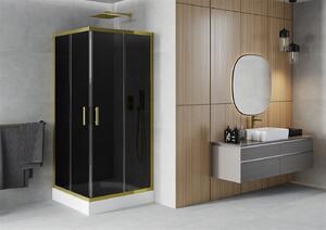 Mexen Rio, szögletes zuhany tolóajtóval 90 (ajtó) x 90 (ajtó) x 190 cm, 5mm szürke üveg, arany profil + fekete zuhanytálca RIO, 860-090-090-50-40-4510