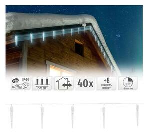 40 LED-es jégcsap kültéri-beltéri fényfüzér hideg fehér, 8 világ