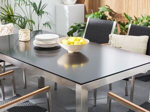 Hatszemélyes étkezőasztal fekete üveglappal és szürke textilén székekkel GROSSETO