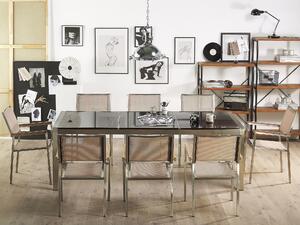 Nyolcszemélyes fekete osztott asztallapú étkezőasztal bézs textilén székekkel GROSSETO