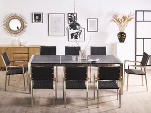 Nyolcszemélyes fekete osztott asztallapú étkezőasztal fekete rattanszékekkel GROSSETO
