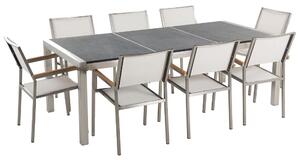 Nyolcszemélyes fekete gránit étkezőasztal fehér textilén székekkel GROSSETO