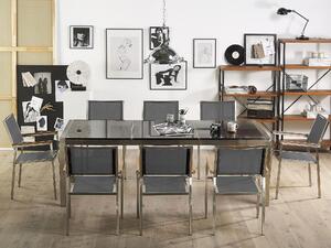 Nyolcszemélyes fekete osztott asztallapú étkezőasztal szürke textilén székekkel GROSSETO