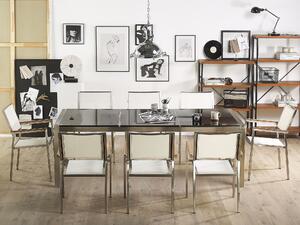 Nyolcszemélyes fekete osztott asztallapú étkezőasztal fehér textilén székekkel GROSSETO