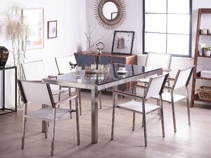 Hatszemélyes fekete gránit osztott asztallapú étkezőasztal fehér textilén székekkel GROSSETO