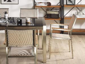 Hatszemélyes szürke gránit osztott asztallapú étkezőasztal bézs textilén székekkel GROSSETO