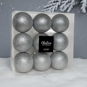 Ezüst glitteres műanyag karácsonyi gömb szett 8 cm 9 db