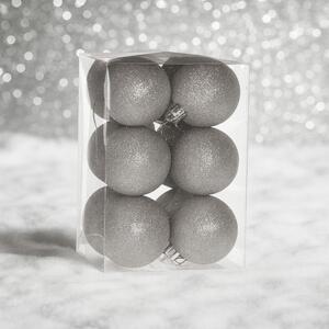 Ezüst glitteres műanyag karácsonyi gömb szett 6 cm 12 db