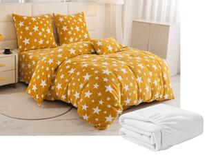 Mikroplüss ágyneműhuzat szett STARS sárga-narancs + mikroplüss lepedő SOFT 180x200 cm fehér, kétszemélyes