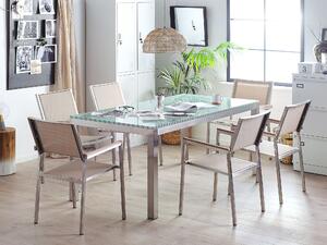 Hatszemélyes étkezőasztal üveglappal és bézs textilén székekkel GROSSETO