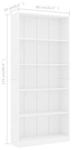 VidaXL 5-szintes fehér forgácslap könyvszekrény 80 x 24 x 175 cm