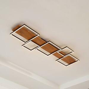 Lindby LED mennyezeti lámpa Galad, fekete, fa, 5 lámpás, 140 cm, dimmelhető, Világos fa, Nappali / Étkező, Fa, Modern