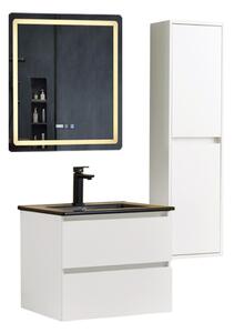 HongKong White 60 komplett fürdőszoba bútor szett fali mosdószekrénnyel, fekete slim mosdóval, tükörrel és magas szekrénnyel