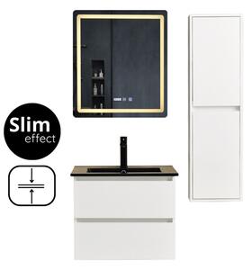 HD HongKong White 60 komplett fürdőszoba bútor szett fali mosdószekrénnyel, fekete slim mosdóval, tükörrel és magas szekrénnyel
