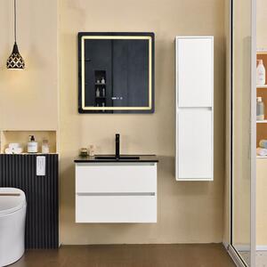 HongKong White 60 komplett fürdőszoba bútor szett fali mosdószekrénnyel, fekete slim mosdóval, tükörrel és magas szekrénnyel