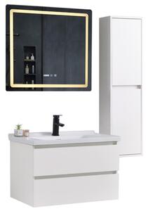 HongKong White 80 komplett fürdőszoba bútor szett fali mosdószekrénnyel, kerámia mosdóval, tükörrel és magas szekrénnyel
