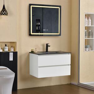 HD HongKong White 80 komplett fürdőszoba bútor fali mosdószekrénnyel, fekete slim mosdóval és tükörrel