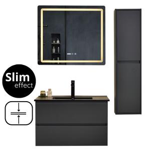 HD HongKong Antracit 80 komplett fürdőszoba bútor szett fali mosdószekrénnyel, fekete slim mosdóval, tükörrel és magas szekrénnyel