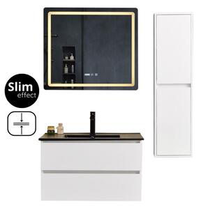 HD HongKong White 80 komplett fürdőszoba bútor szett fali mosdószekrénnyel, fekete slim mosdóval, tükörrel és magas szekrénnyel