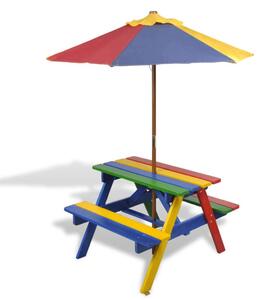 VidaXL színes fa gyerek piknikasztal paddal és napernyővel
