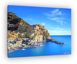 Manarola falu, sziklák és a tenger napnyugtakor. Cinque Terre, O (vászonkép)