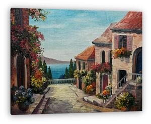 Mediterán utcakép tengeri kilátással (festmény) (vászonkép)