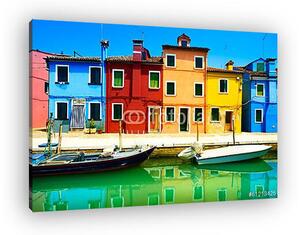Velence,Burano sziget-csatorna, színes kikötő házai (vászonkép)
