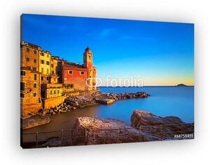 Tellaro sziklák, templom és falu naplementében. Cinque terre, Li (vászonkép)