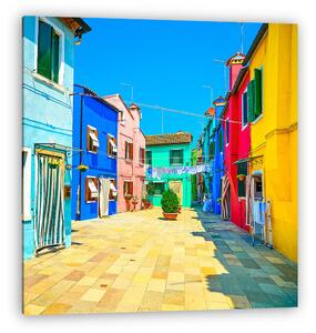 Velencei határ, Burano sziget utca, színes házak, Olaszország (vászonkép)