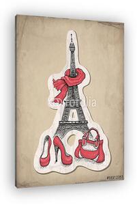 Divat illusztráció. Eiffel-torony, cipők és kézitáska (vászonkép)