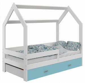 Házikó gyerekágy fiókkal D3 160x80 cm tömör fa matrac nélkül - Fehér ágy/Kék fiókkal