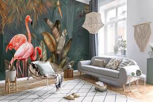 Fotótapéta Rózsaszín flamingók és egy madár az erdőben, Designer fali fotótapéta, Népszerű fotótapéta, u21344 - Tapeko.hu