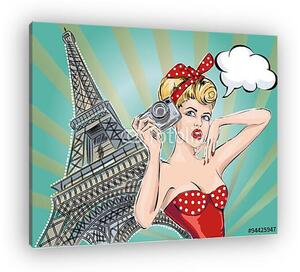 Pop Art, Eiffel torony és vörös ruhás nő (vászonkép)