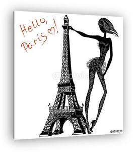 Hello, Párizs. Divat lány az Eiffel-torony közelében (vászonkép)