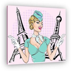 Gyönyörű szexi stewardess az Eiffel-toronnyal és a Keleti Pearl (vászonkép)