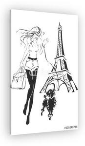 Divatos nő kis kutyával az Eiffel-torony közelében (vászonkép)