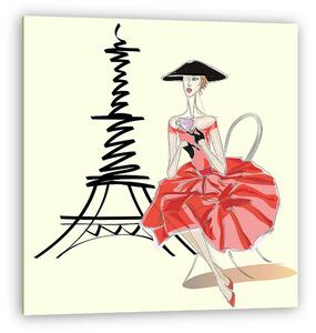 Divat nő vietnami kalap közelében Eiffel-torony Párizsban (vászonkép)