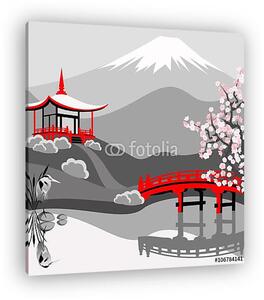 Japán tájkép Fuji-val. Vektor kézzel rajzolt illustratio (vászonkép)