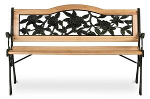 Kerti pihenőpad, fa ülőfelület és háttámla, virágmintás, acélszerkezet, 125x51x76 cm