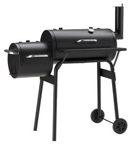 Faszenes BBQ grillsütő, 2 rekeszes, grill és füstölő, rács, kémény, szállító kerekek, hőmérő